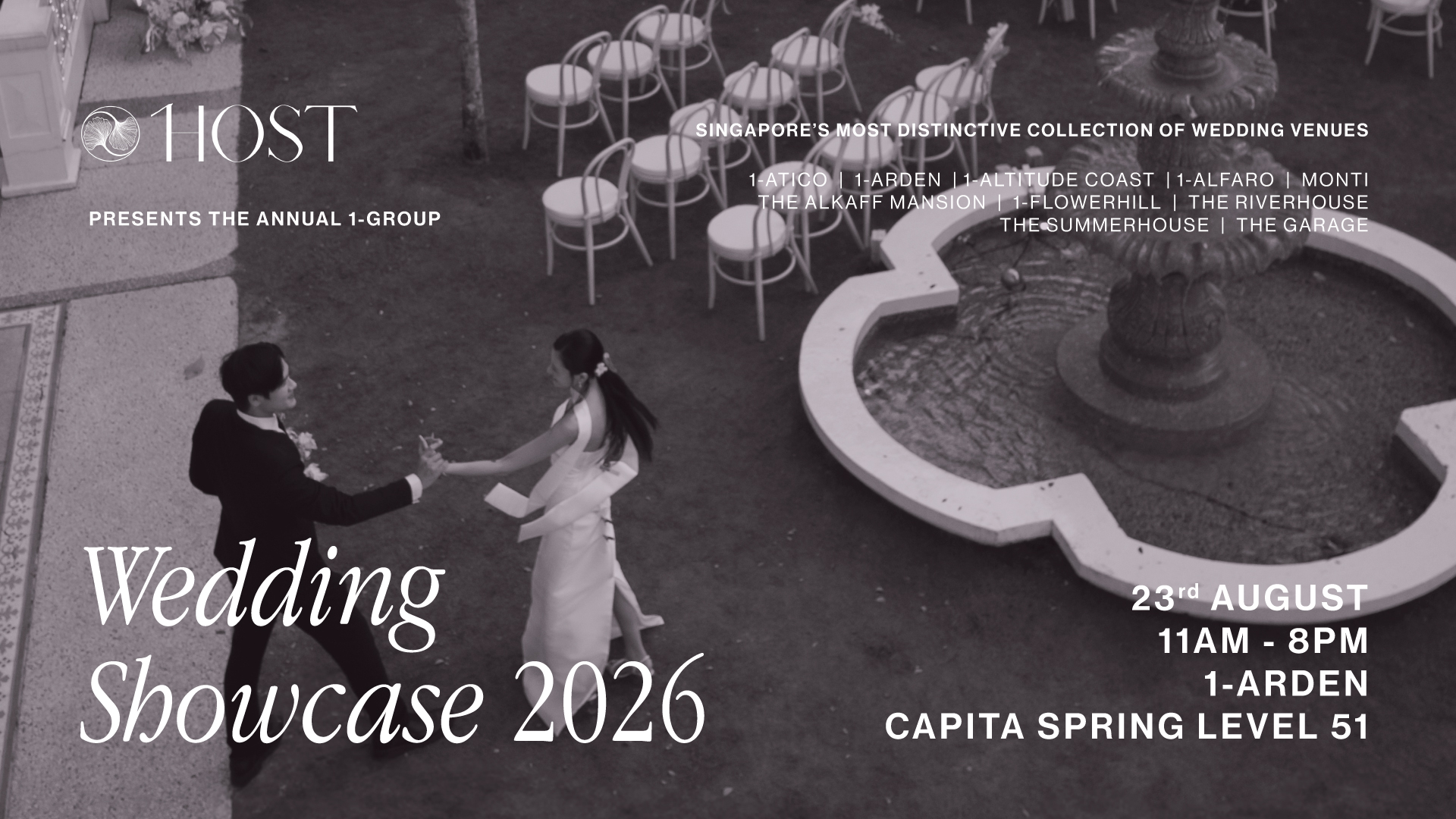 1-Group Wedding Showcase 2026 banner with a couple dancing beside a garden fountain